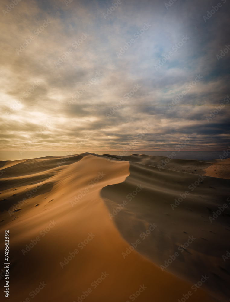 Sand dunes Sahara Desert at sunset and sandstorm, 3D illustration