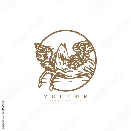 Premium vintage retro hand drawn flying winged horse logo design badge