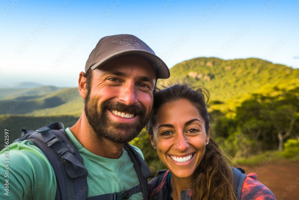 
A 38-year-old Brazilian man and a 37-year-old Brazilian woman enjoying a morning hike together, embracing outdoor activity on World Health Day