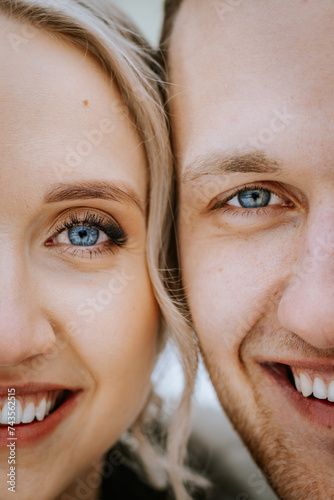 Riga  Latvia - January 20  2024 - A close-up of a bride and groom s faces  focusing on their eyes and smiles  hinting at a joyful moment.