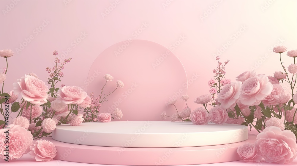 Round Product Display Podium With Pink Flowers
