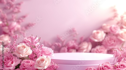 Elegant Pink Roses Arranged Beside A Product Display Podium With Soft Lighting
