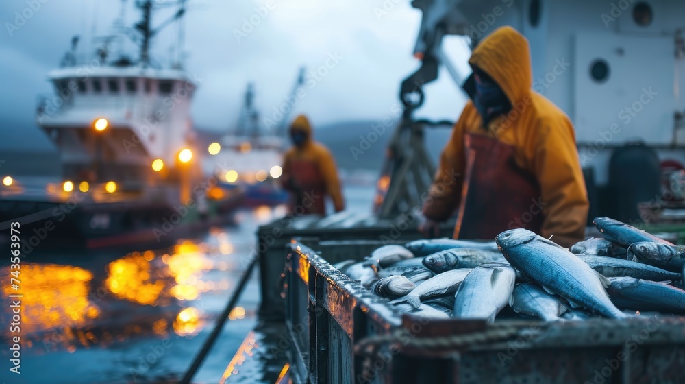 Fisherman unloading catch of fresh tuna fish from a trawler in the port  - obrazy, fototapety, plakaty 