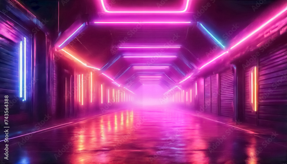 Scenari Futuristici- Strada Abbandonata Avvolta da Luci Neon e Nebbia Inquietante
