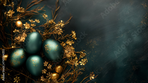 flat lay blue Easter eggs with golden decoration and floral branches on black background. free space