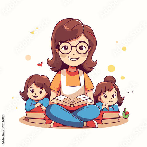 Vector illustration of a happy mother reading a book with her children.