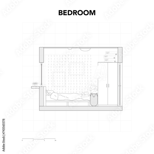 Architectural Drawings, bedroom plan vector interior illustration furnitures, top view, side, Minimal style hand drawn, set elements for architecture and design. Sections, Elevations, Floor Plans.