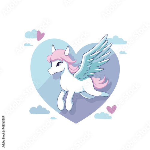 Cute cartoon unicorn with wings in the heart. Vector illustration.