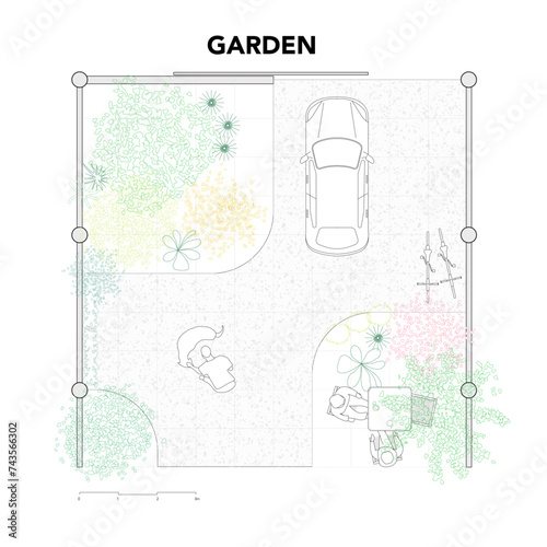 Architectural Drawings, garden vector outdoor illustration furnitures, top view, side, Minimal style hand drawn, set elements for architecture and design. Sections, Elevations, Floor Plans.