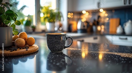 Kitchen countertop with coffee set, modern kitchen background