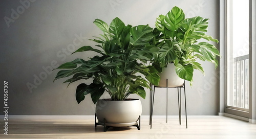 Big plants in a pots near grey wall and big window in empty room. banner. Copy space. Minimal modern interior. photo