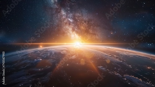 Landscape with Milky way galaxy. Sunrise and Earth view from space with Milky way galaxy