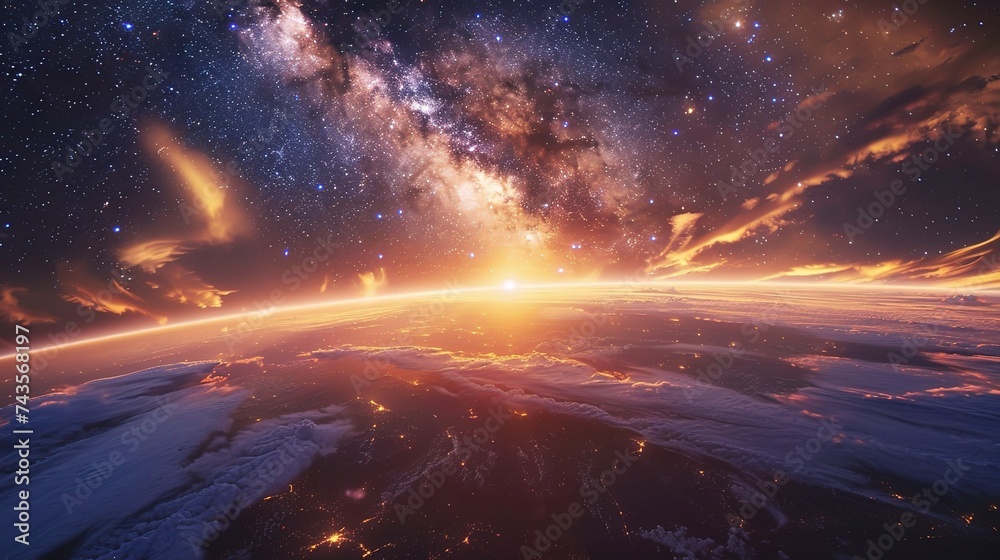 Landscape with Milky way galaxy. Sunrise and Earth view from space with Milky way galaxy Landscape with Milky way galaxy. Sunrise and Earth view from space with Milky way galaxy