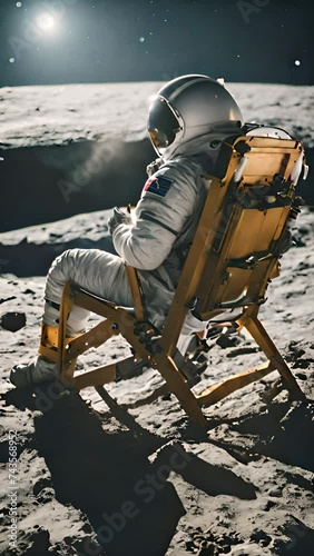 Back view of lunar astronaut resting in a chair on Moon background photo