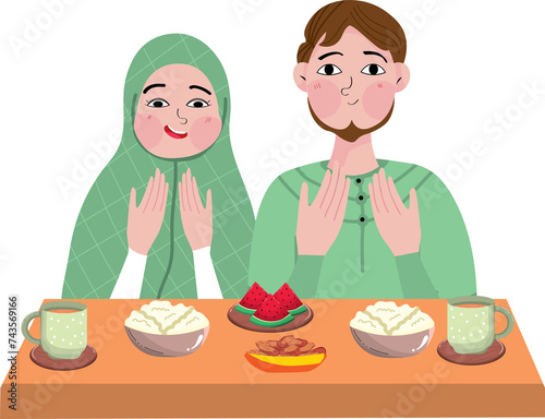 Muslim Family Eat Food Together in Ramadan Kareem Iftar