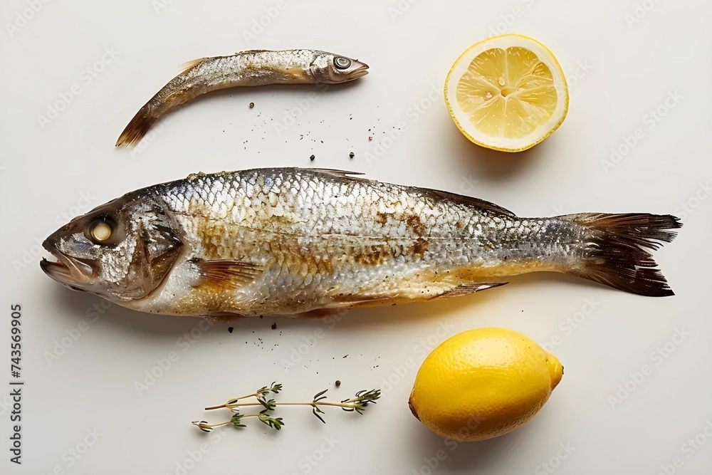 SeaFood.Two fresh fish with lemon halves and herbs on a white background.