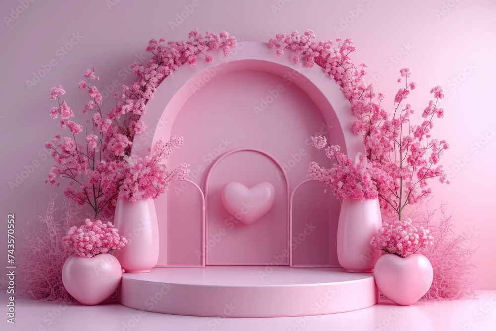 Pink minimal podium with heart and decoration for product display 3d rendering