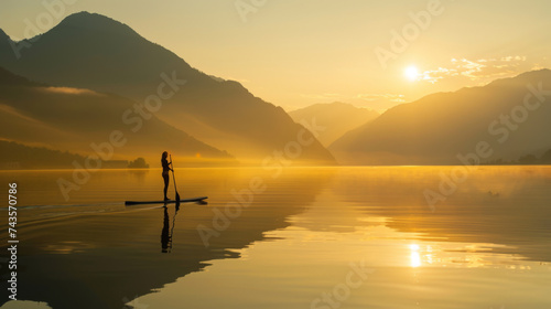A woman is standing and paddling a stand up paddle board in the lake among mountain hills with yellow evening sunlight of sunset