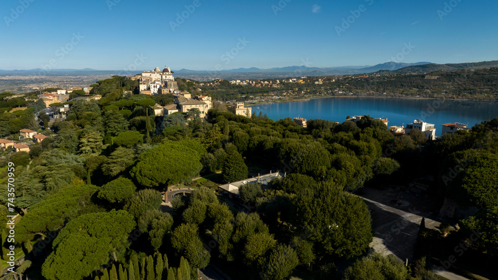 Aerial view of the Papal Palace of Castel Gandolfo, near Rome, Italy. The Apostolic Palace is a complex of buildings served for centuries as a summer residence for the Pope. It overlooks Lake Albano. 