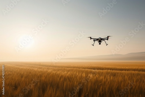 a drone flying over agricultural field, weaving the tapestry of modern farming, a futuristic embrace of technology cultivating sustainable agriculture's promise