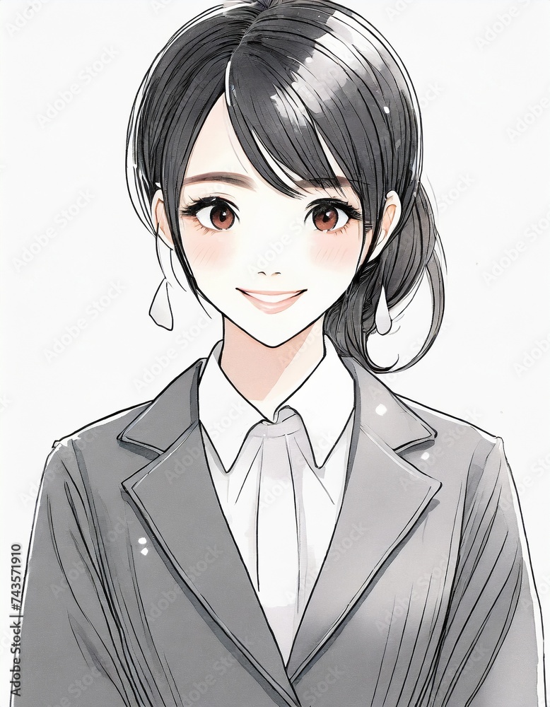 真正面の黒髪の女子学生 アニメ風のイラスト	
