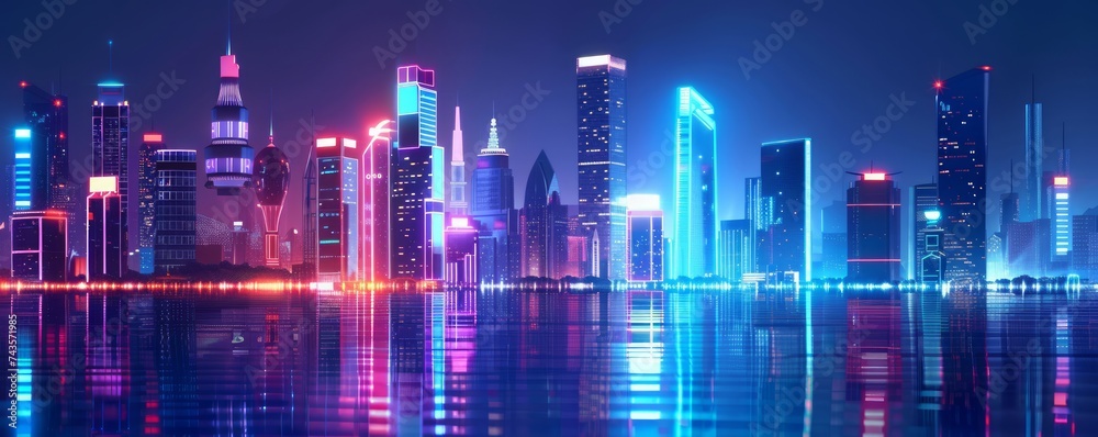 Futuristic City Skyline with Neon Lights and Reflections at Night