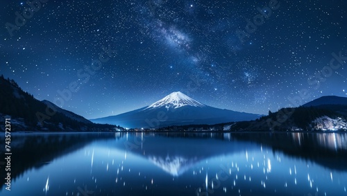 Long exposure stars at night by a lake with fuji mountains in the center in the background
