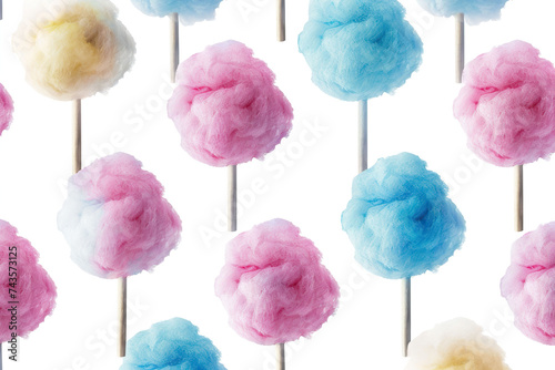 Pattern with cotton candy on white background, top view.