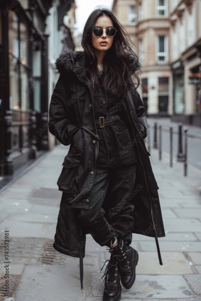 Fashion model wearing all black trendy outfit