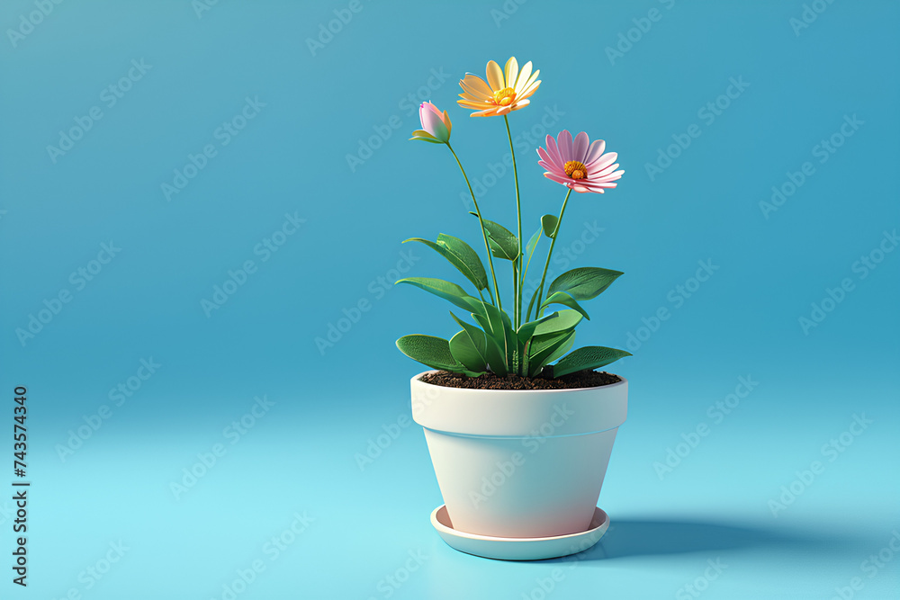 beautiful miniature flower pot. on a blue sky pastel background. 3D Rendering