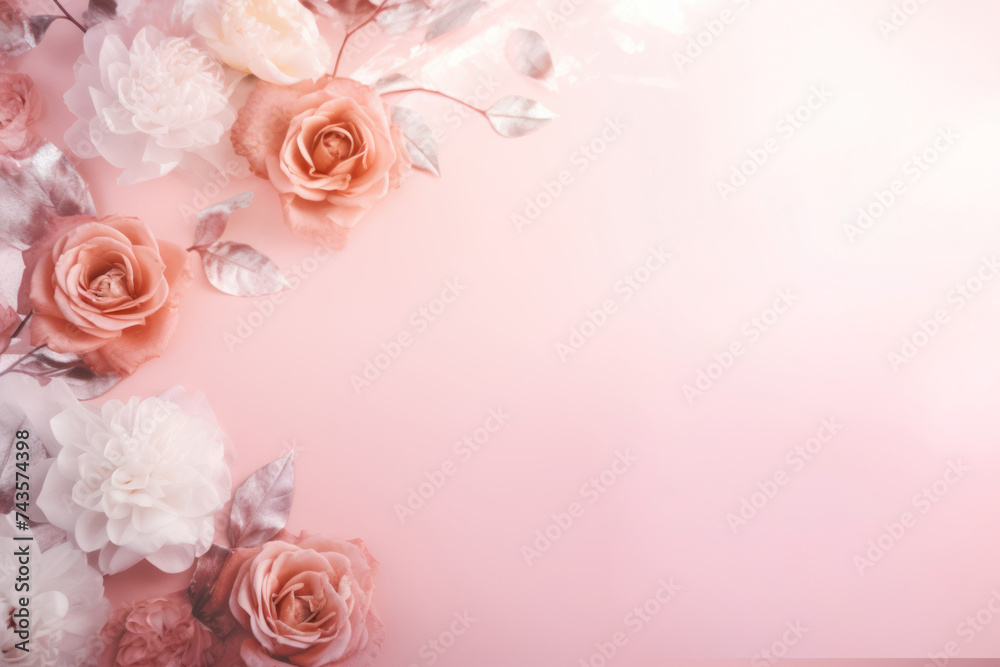 Floral card. Beautiful decorative peach roses and white peonies on peach-pink. Copy space.