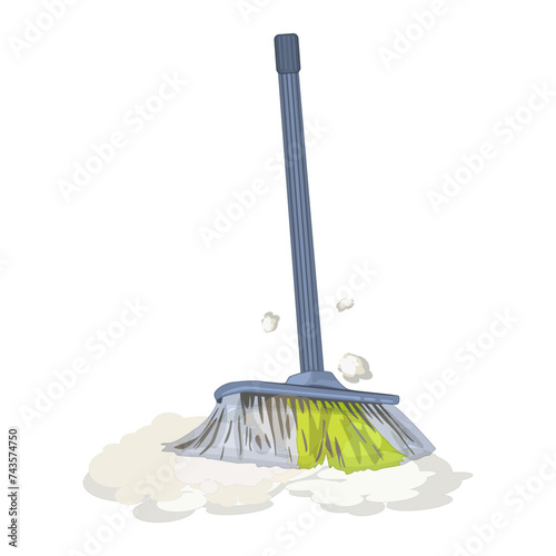 Broom and clouds of dust isolated on white background. Broom sweep floor. Housework tools for cleaning garbage in house. Panicle for waste swept from floor.Cleaning service concept.Vector illustration