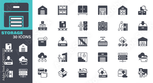 Storage Icons set. Solid icon collection. Vector graphic elements, Icon Symbol, Warehouse, Storage Room, Checklist, Business, Computer, Database