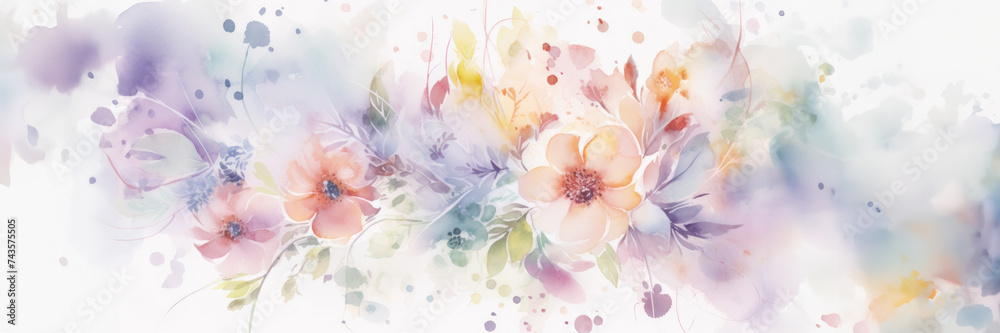 Floral banner with beautiful translucent flowers of pastel colors on white. Watercolor gentle card.
