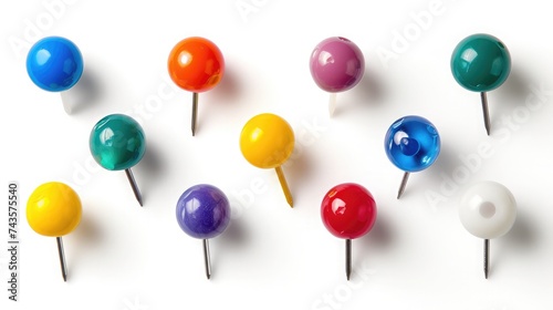 Set of colorful color push pins thumbtacks top view isolated on white background