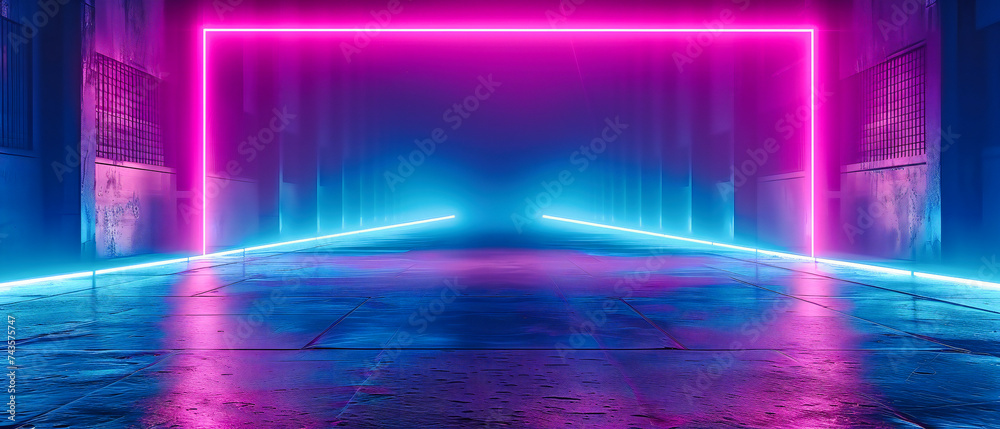 Futuristic Neon Room, Bright Blue and Purple Lights in a Dark Space, Modern Design and Technology Concept