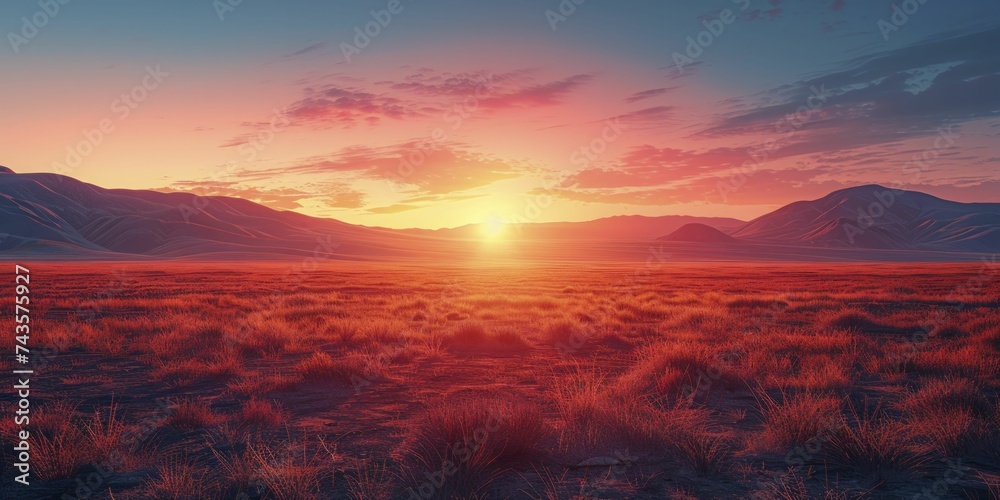 Subject stands out against gradient blur, set in warm desert sunset with expansive sky backdrop. - obrazy, fototapety, plakaty 