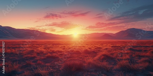 Subject stands out against gradient blur, set in warm desert sunset with expansive sky backdrop. photo