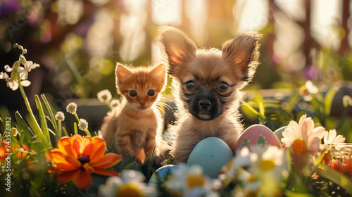 chihuahua puppy and kitten with flowers