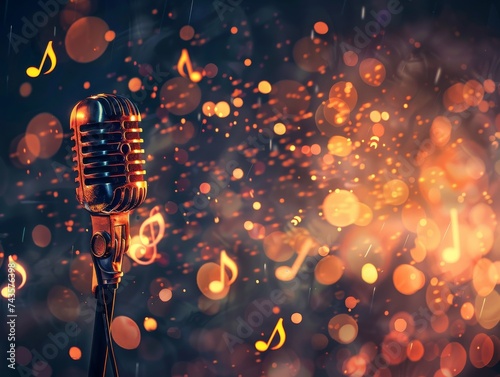 Glowing music sheets notes with microphone on beautiful lights bokeh background.
