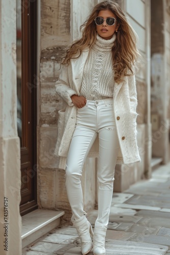 Fashion model wearing all white trendy outfit  © Karol