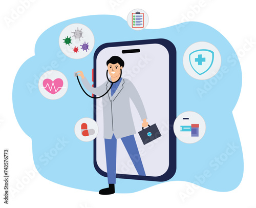 online doctor consultation medic or Online doctor and online tele medicine with male therapist on mobile phone