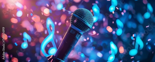 Glowing music sheets notes with microphone on beautiful lights bokeh background. photo