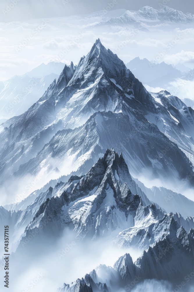 Majestic mountain backdrop, peak clarity against vast landscape, edges melt into atmospheric blur.