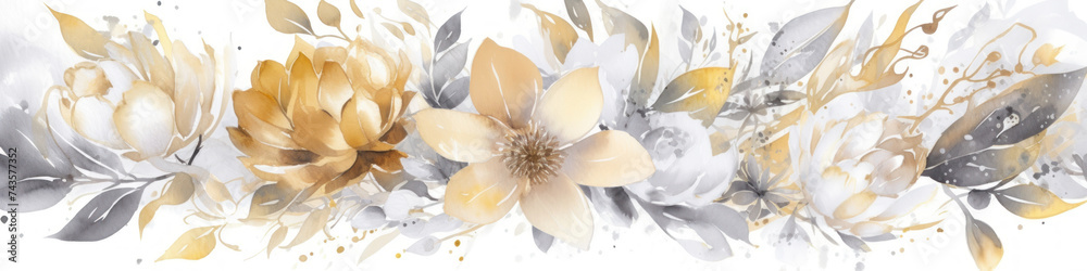 Wide floral banner with beautiful watercolor drawing flowers in white, gray and golden colors on white background.