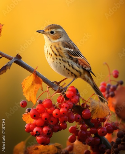 Delicate Bird Perched Amongst Autumn Berries in Golden Light - Generative AI