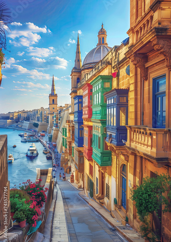 Valletta city in Malta, colorful balconies, linear perspective, light bronze and bronze green stone on sunset background
