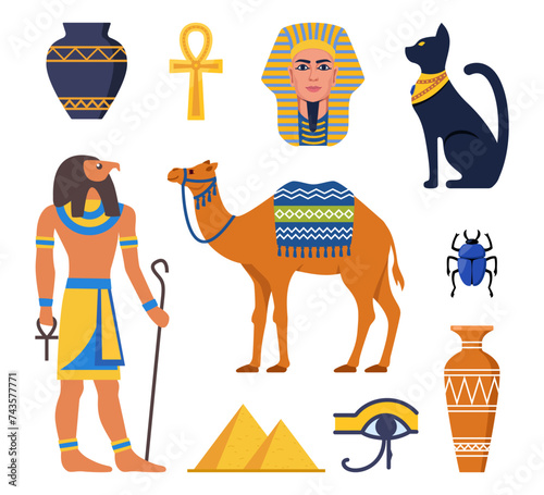 Ancient Egypt collection. Gods, deities and mythological creatures from Egyptian mythology and religion, sacred animals, symbols, architecture and sculpture. Vector illustration.