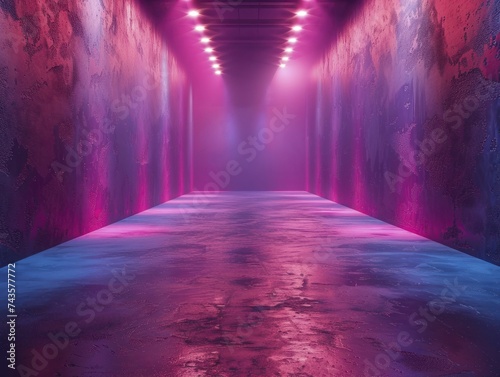 The photography studio features a neon pink backdrop, vibrant energy, central spotlight, and diffused edges. photo