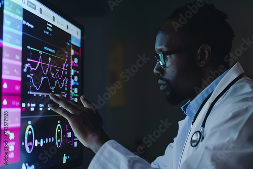 Doctor examining a sophisticated dashboard filled with real-time data